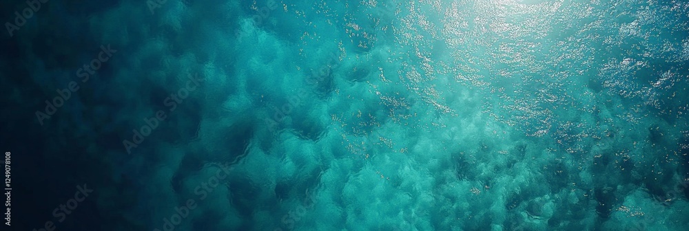 Obraz premium Aerial view of calm ocean water surface with sun reflecting and creating beautiful turquoise patterns, ideal for summer and travel themes, showcasing the beauty of nature and tropical destinations