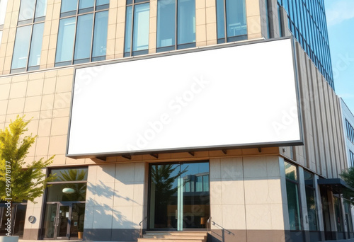 Cartel publicitario en blanco, cartelera, pancarta horizontal, maqueta frente a un edificio de oficinas
