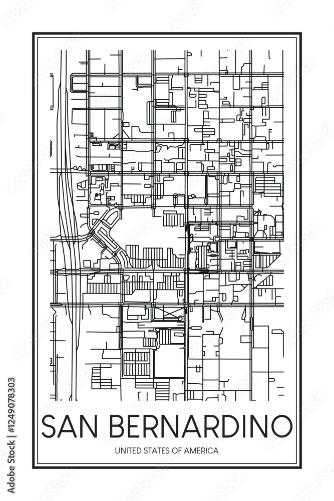 Fototapeta premium Printable downtown road map poster of the USA city of SAN BERNARDINO on solid white background with city name