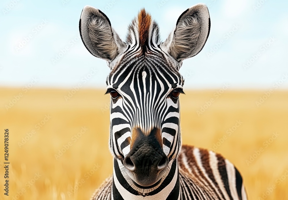 Naklejka premium Close up portrait of a striped animal, facing the camera with a golden background, natural light