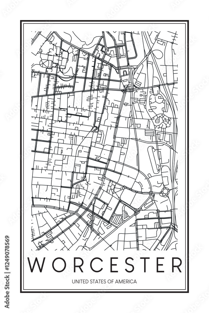 Obraz premium Printable downtown road map poster of the USA city of WORCESTER on solid white background with city name