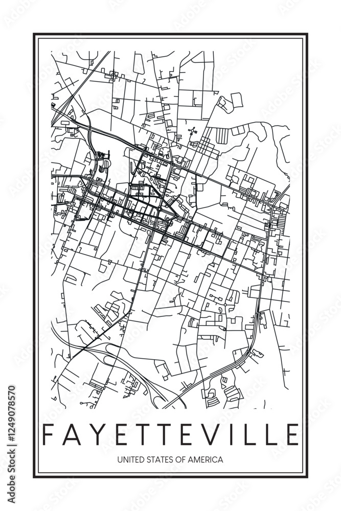 Obraz premium Printable downtown road map poster of the USA city of FAYETTEVILLE on solid white background with city name