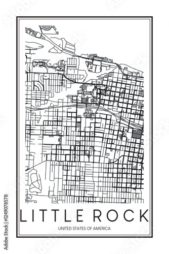 Printable downtown road map poster of the USA city of LITTLE ROCK on solid white background with city name