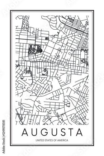 Printable downtown road map poster of the USA city of AUGUSTA on solid white background with city name