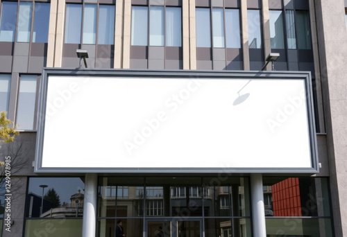 Maqueta de banner horizontal en cartelera publicitaria en blanco frente a un edificio con gafas espejadas
