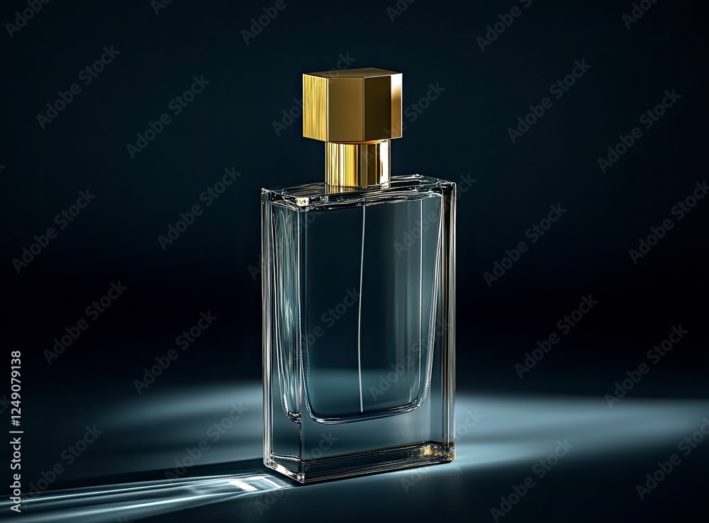 Tall, rectangular glass perfume bottle with a gold cap, set against a dark background. The lighting and shadow create a centered, Tall, rectangular glass perfume bottle with a gold cap, set against a dark background. The lighting and shadow create a centered,