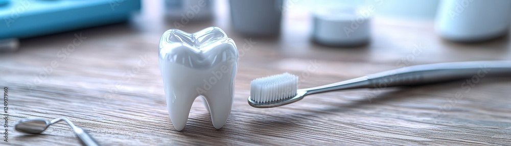 Dental Care Essentials with Tooth Model and Toothbrush on Table Dental Care Essentials with Tooth Model and Toothbrush on Table