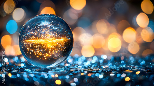 The image shows a glass sphere reflecting a multitude of twinkling lights, creating a mesmerizing display of light and color.