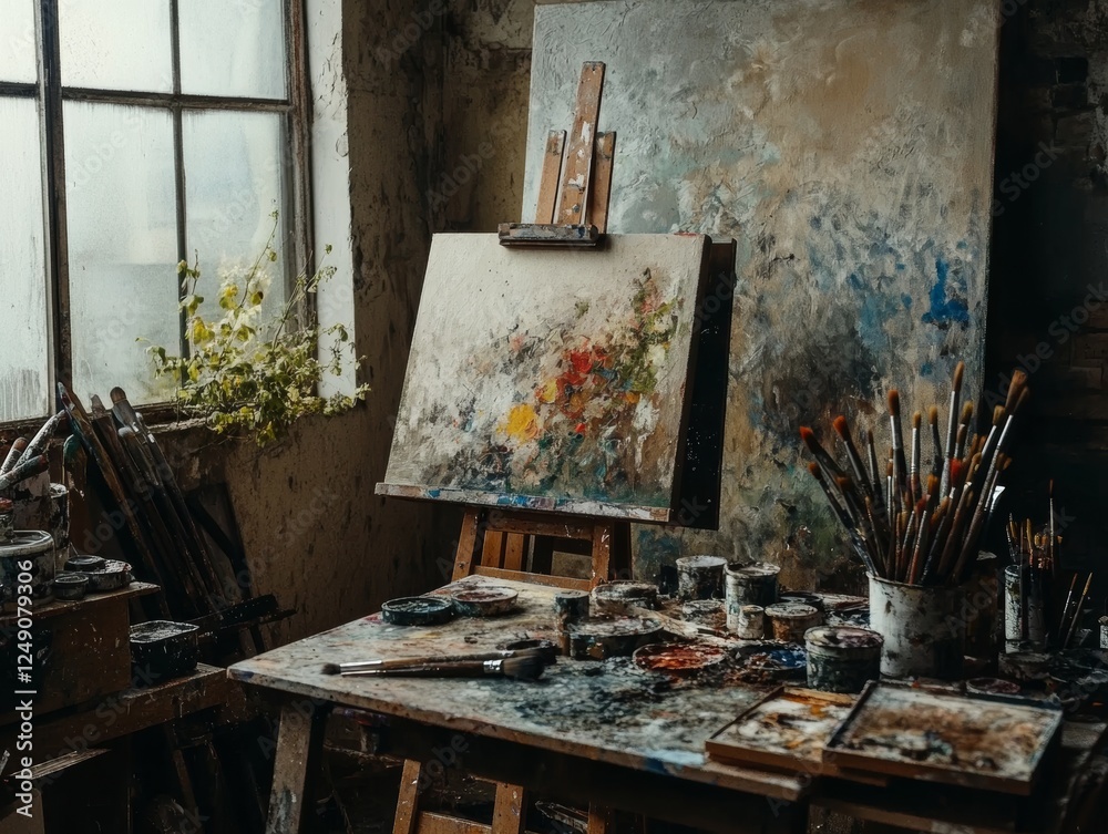 Obraz premium Colorful artist studio filled with paint, brushes, and unfinished canvases during daylight