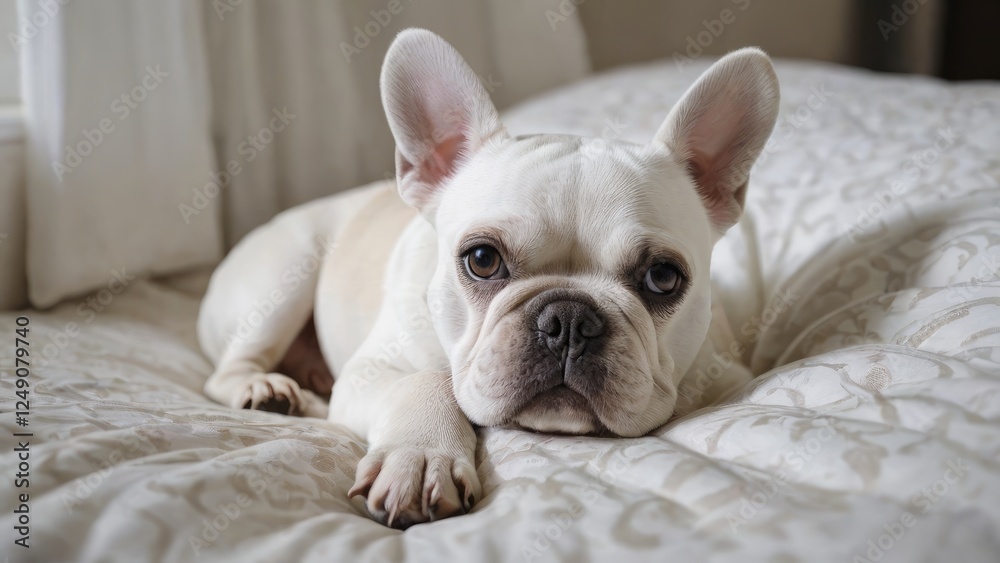 White french bulldog lying on bed in the bedroom White french bulldog lying on bed in the bedroom