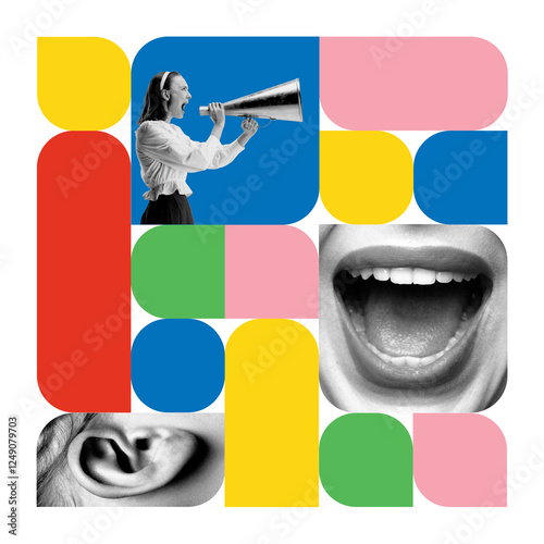 Woman shouting in megaphone against colorful geometric speech bubbles, symbolizing digital outreach, viral messaging, and spreading impactful messages. Concept of social media marketing