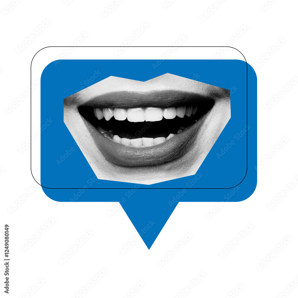 Naklejka premium Close-up of wide smile inside blue speech bubble highlights expressive digital interactions, engaging conversations, and friendly online communication in social media culture. Concept of applications