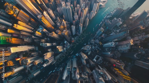 Aerial view of dense urban cityscape with skyscrapers and waterway.