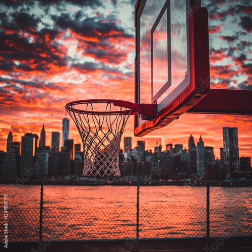 Basketball hoop at sunset with city skyline