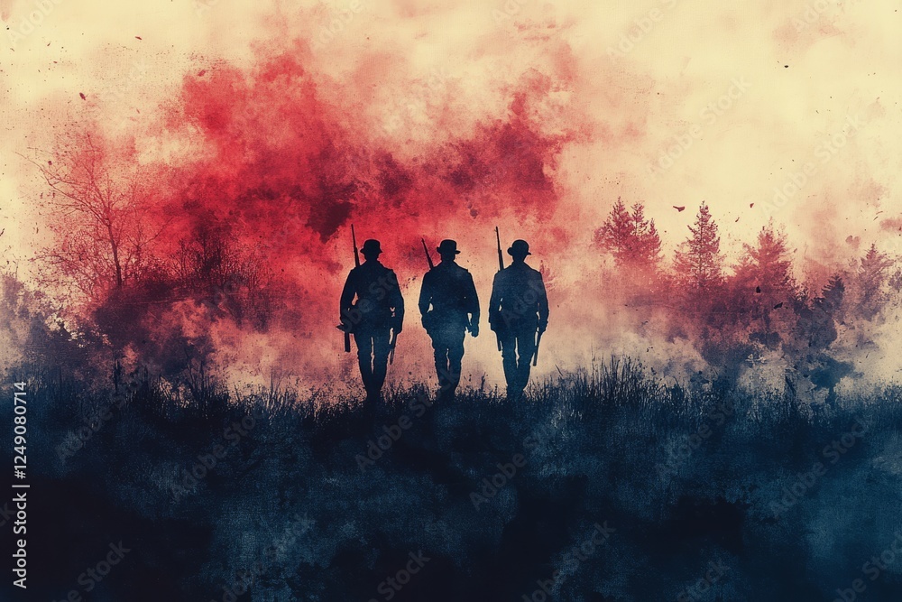 Silhouetted Figures Walking Through A Misty Landscape, Evoking A Sense Of Adventure And Historical Intrigue. Silhouetted Figures Walking Through A Misty Landscape, Evoking A Sense Of Adventure And Historical Intrigue.