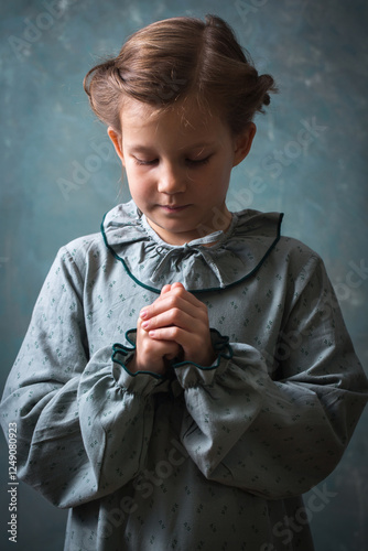 A girl prays with her hands folded together