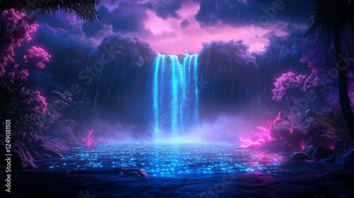 Wallpaper Mural Futuristic cybernetic landscape with waterfall and neon lights in digital rainforest Torontodigital.ca