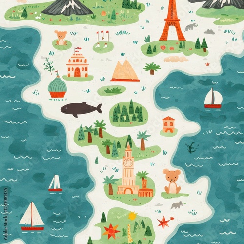 Colorful Illustrated Map Featuring Iconic Landmarks and Nature Scenes