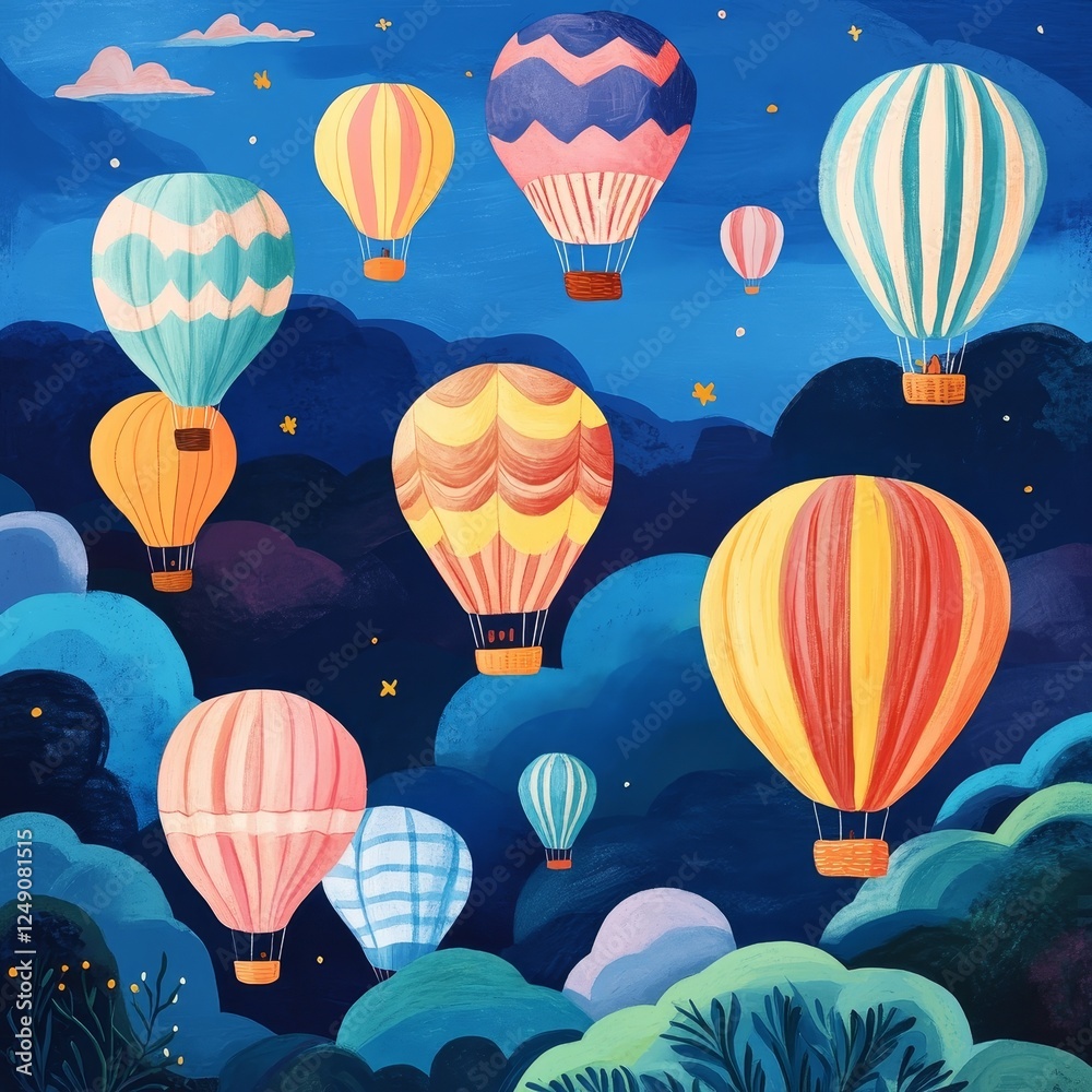 Naklejka premium Colorful hot air balloons float serenely in a night sky filled with stars above lush green hills