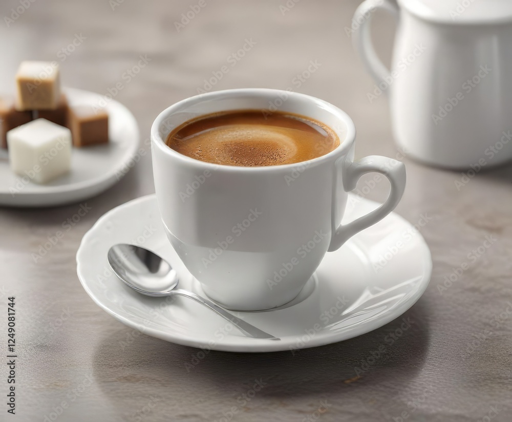 Freshly brewed strong espresso in a dainty porcelain cup with saucer and a side of sugar cube , cozy ambiance, fine china Freshly brewed strong espresso in a dainty porcelain cup with saucer and a side of sugar cube , cozy ambiance, fine china