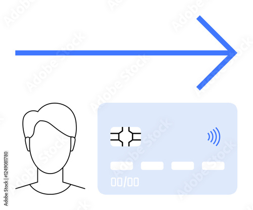 Blue arrow, person outline, contactless card represent digital payment, contactless tech, e-commerce. Ideal for finance, technology, e-wallets, innovation security user management abstract line