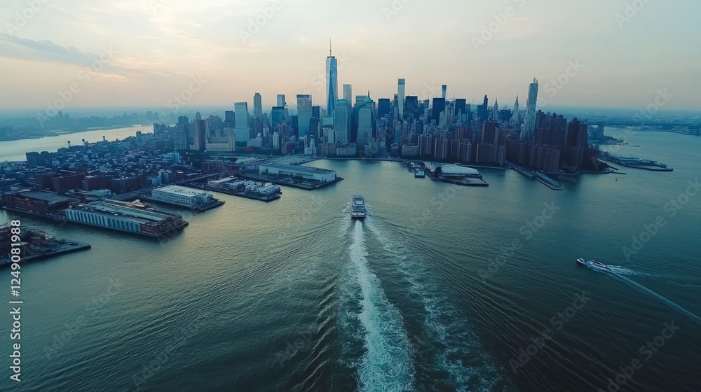 Fototapeta premium Aerial view of Manhattan skyline at sunset, ferry boat on water.