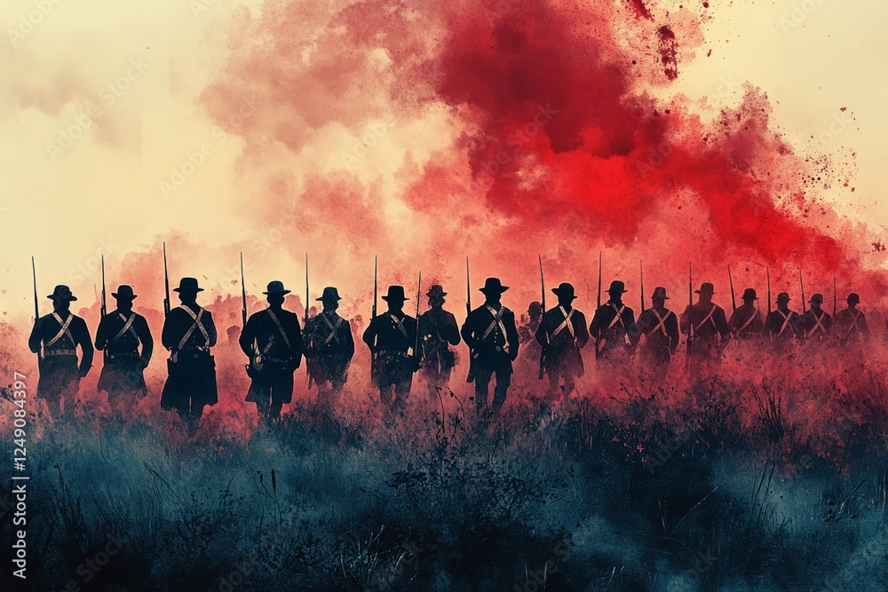 Fototapeta premium Silhouetted Soldiers Marching Through A Colorful Smoky Backdrop, Creating A Dramatic And Historical Atmosphere.