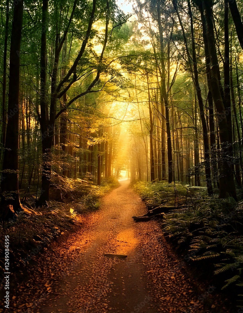 Fototapeta premium Enchanted Forest Path – A magical, glowing woodland scene