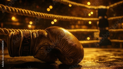 Boxing gloves on ropes in dimly lit ring, dramatic