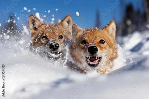 Two joyful Corgis bounding through fresh snow, capturing the essence of winter playfulness and the joy of pets in a beautiful winter landscape filled with snow. photo