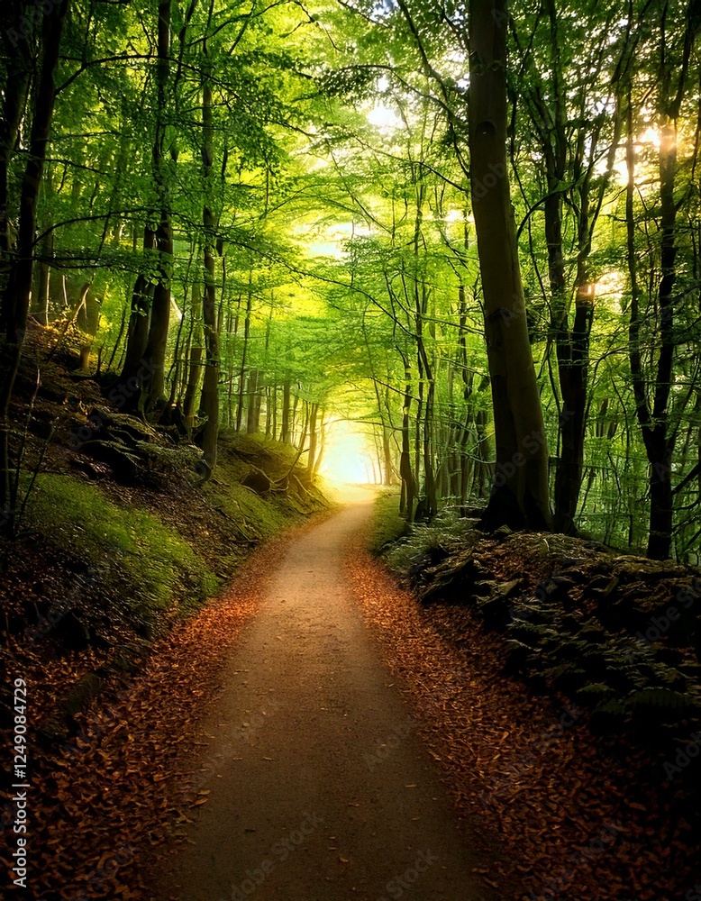 Obraz premium Enchanted Forest Path – A magical, glowing woodland scene