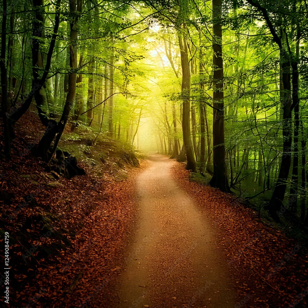 Obraz premium Enchanted Forest Path – A magical, glowing woodland scene