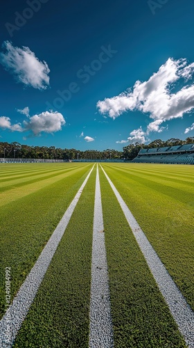 Boundary line of cricket field with empty stadium seats in distance