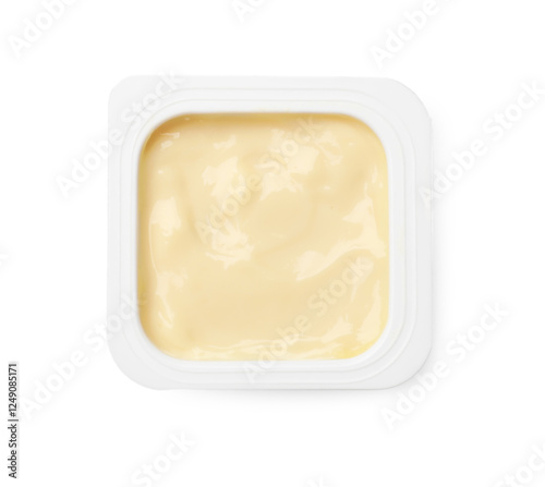 Delicious yogurt in plastic cup isolated on white, top view