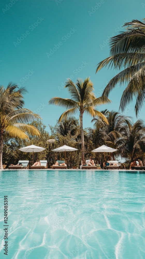 Tourists are enjoying a sunny day, lying on deck chairs by a beautiful swimming pool surrounded by palm trees in a tropical resort, creating a perfect vacation atmosphere Tourists are enjoying a sunny day, lying on deck chairs by a beautiful swimming pool surrounded by palm trees in a tropical resort, creating a perfect vacation atmosphere