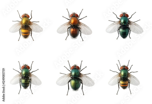 six houseflies isolated on white and transparent background.