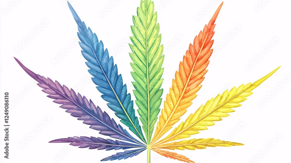 Naklejka premium single cannabis leaf, painted in rainbow colors, isolated against a pure white backdrop, symbolizing freedom and the beauty of diversity. Rainbow cannabis leaf.isolate on white background.Illustration