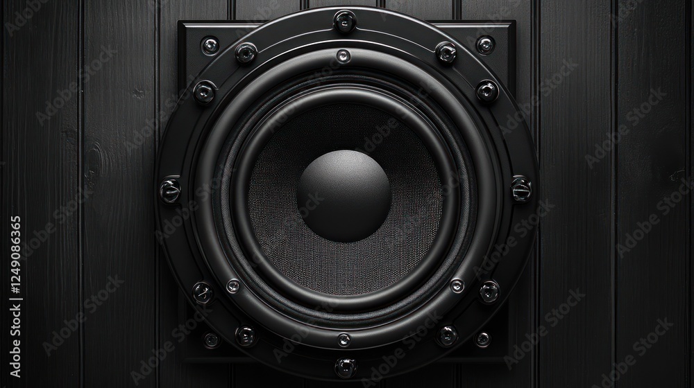 Black speaker on dark wood. Black speaker on dark wood.