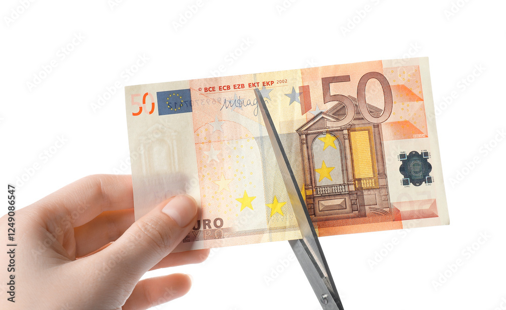 Woman cutting euro banknote on white background, closeup