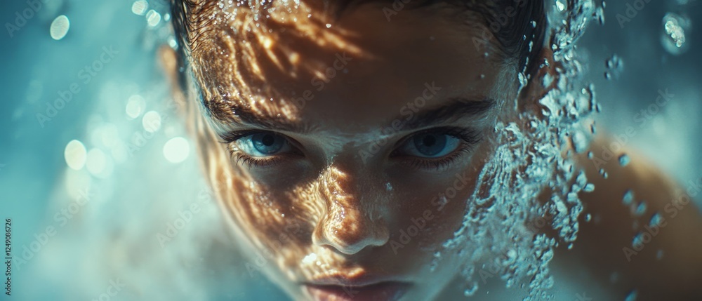 Close-up of a child's face underwater, with water droplets and splashes. Close-up of a child's face underwater, with water droplets and splashes.