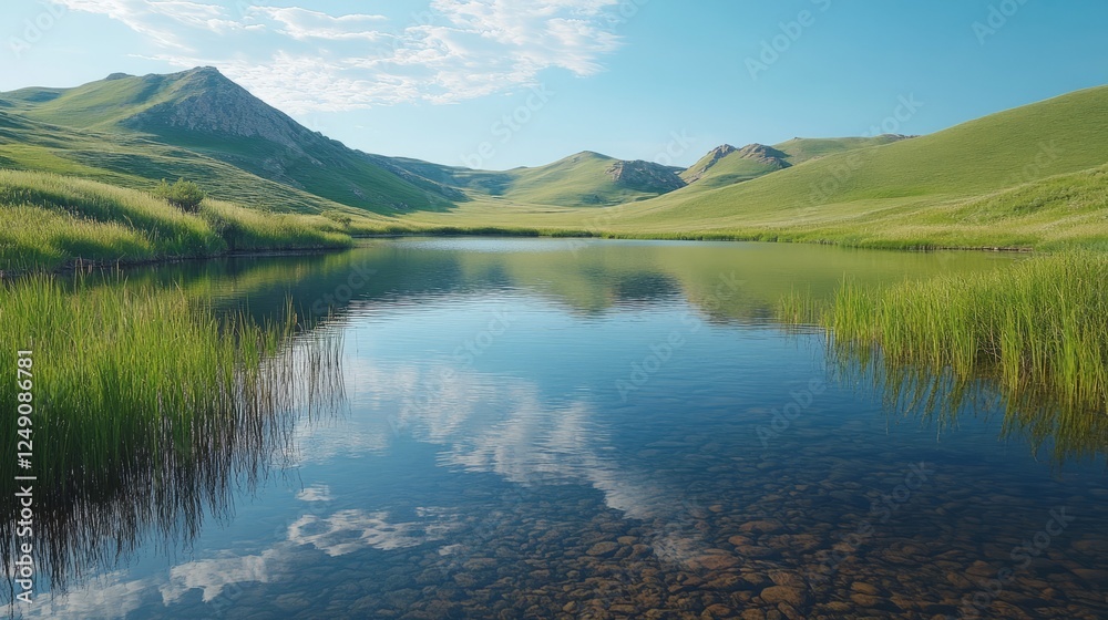 Naklejka premium A serene mountain lake with crystal-clear water reflecting the surrounding green hills 