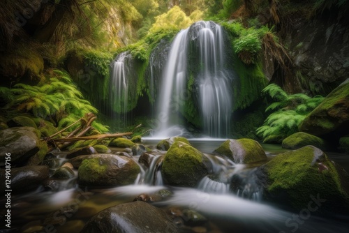 Waterfall cascading over mossy rocks in a lush green forest during early morning light