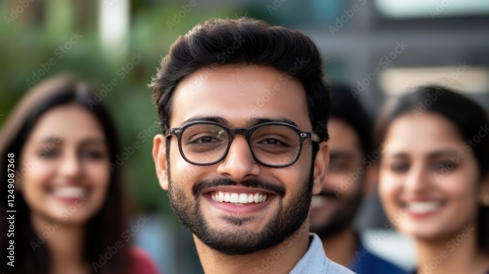 portrait of a young man with friends, all smiling portrait of a young man with friends, all smiling