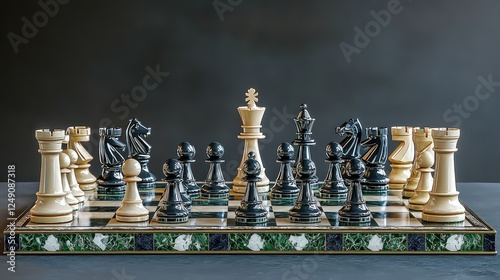 Chessboard mid-game, strategic pieces placed