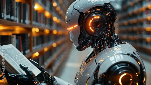 The robot’s hand reaching for a book in a library with orange neon accents.