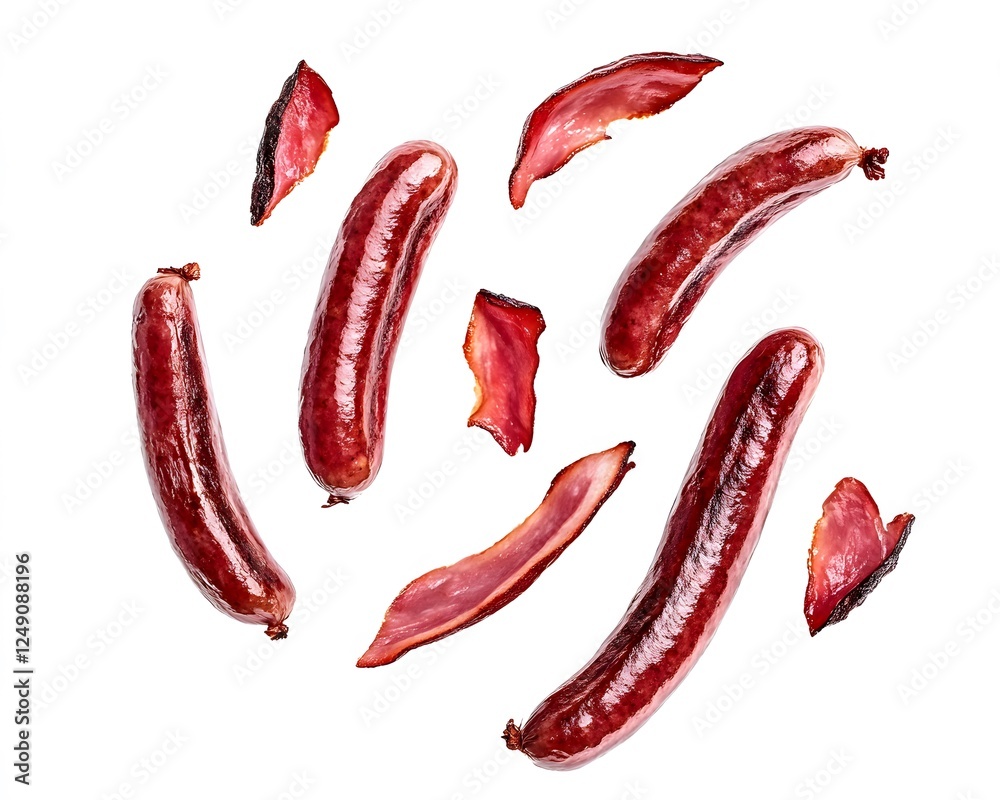 Several smoked sausages and bacon strips are arranged on white Several smoked sausages and bacon strips are arranged on white