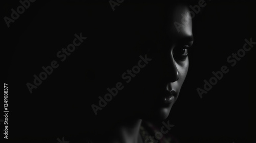 A high-contrast, low-key portrait photograph of a graceful and elegant Indian person with refined features, deep shadows, and a dramatic effect