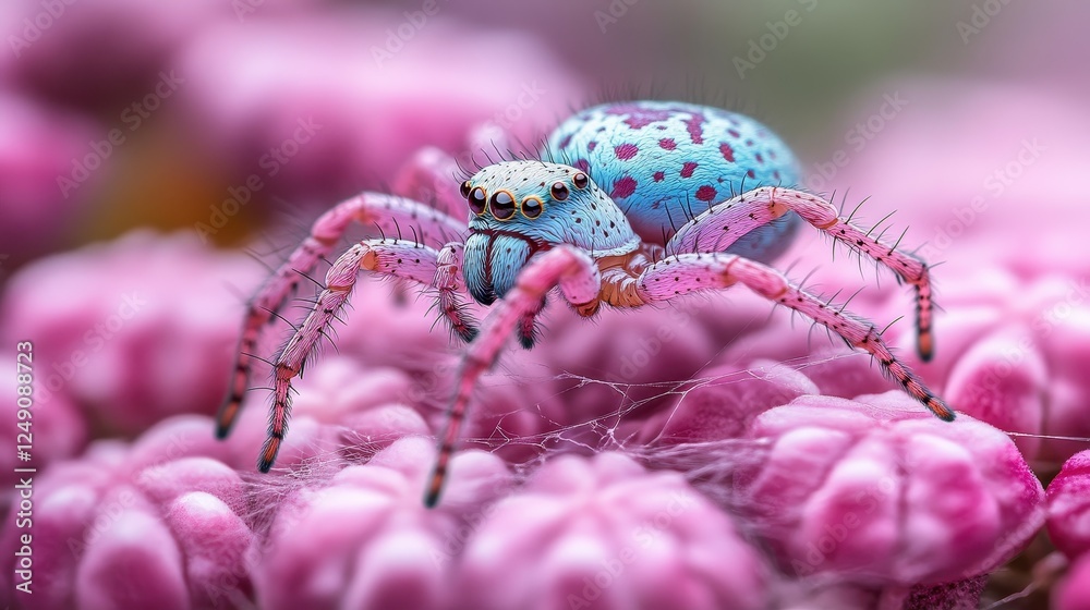 Obraz premium Blue spider on pink flower, macro shot, nature background, wildlife photography