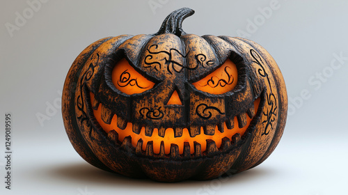 3D-rendered Halloween pumpkin with an eerie carved face, glowing sinister eyes, and intricate dark engravings. The textured, aged surface enhances its spooky aesthetic, perfect for Halloween decoratio photo