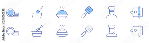 Cooking icon set in two styles, Duotone and Thin Line style. Editable stroke. clean dishes, cooker, cooking, chef, apple pie